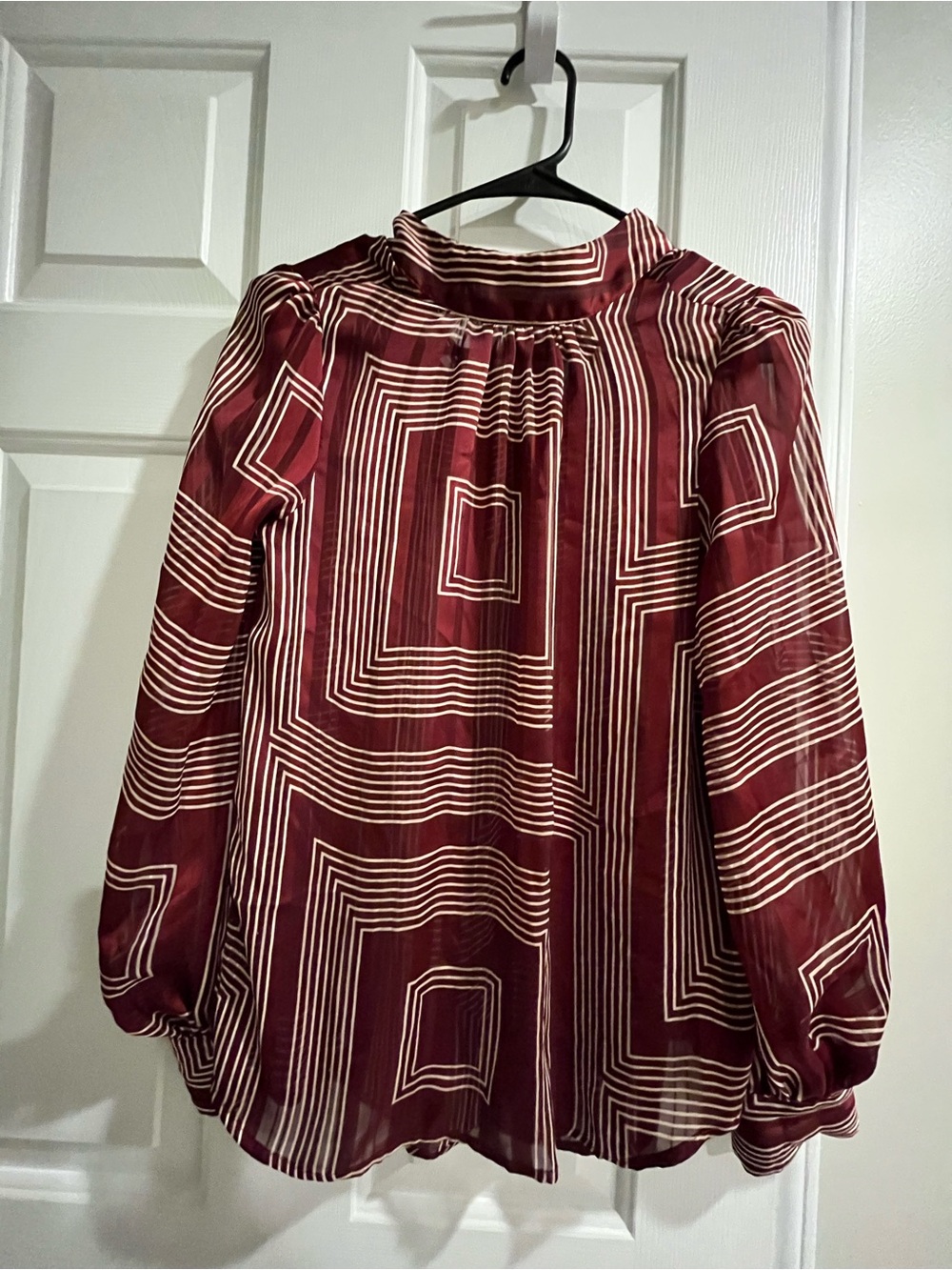 H&M Burgundy and Cream Geometric Long-Sleeve Blouse